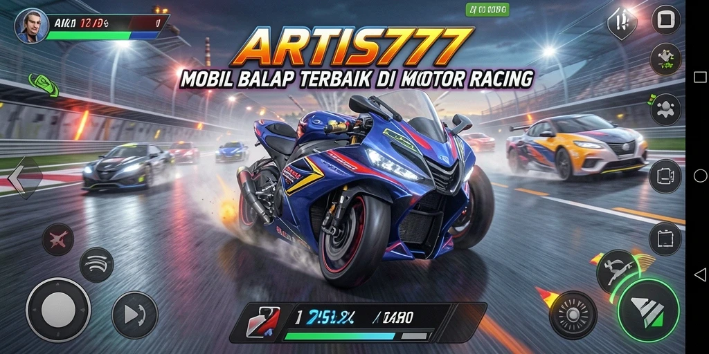 Tampilan gameplay seru di ARTIS777 dengan mobil balap yang cepat.
