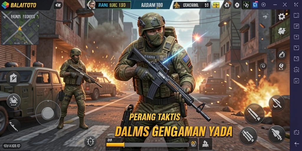 Screenshots dari gameplay BALAITOTO menampilkan aksi seru dalam pertempuran FPS.