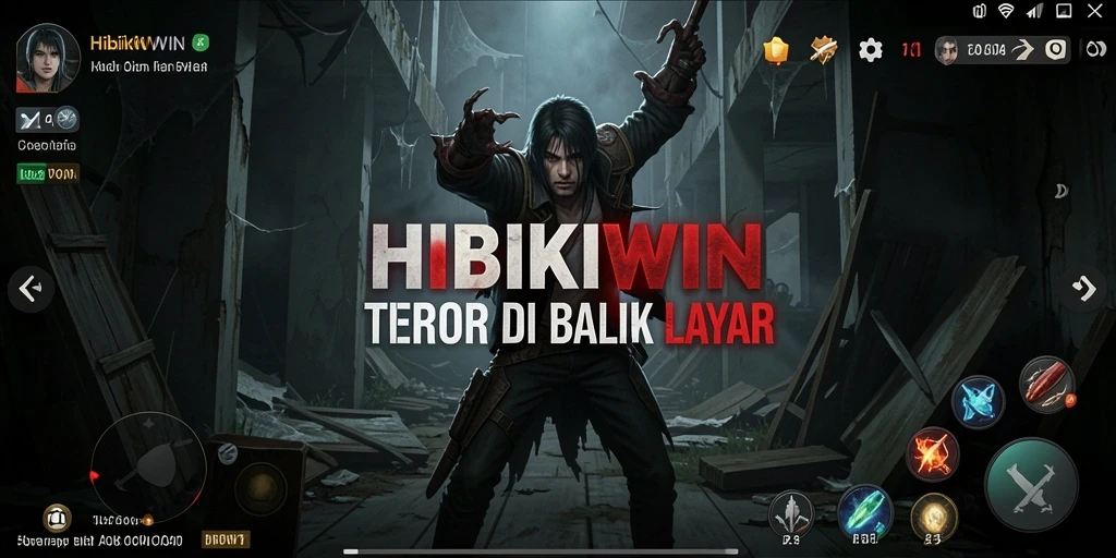 Screenshot gameplay HIBIKIWIN dengan suasana menyeramkan.
