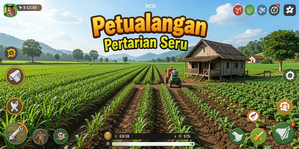 Tampilan gameplay RK55 dengan aktivitas bertani yang seru.