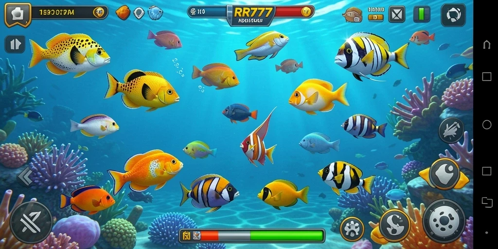 Screenshot utama RR777 menampilkan aksi seru menangkap ikan.